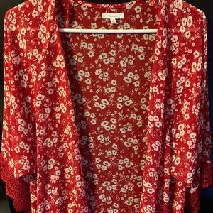 Maurices kimono, Red floral lace trim, size XS